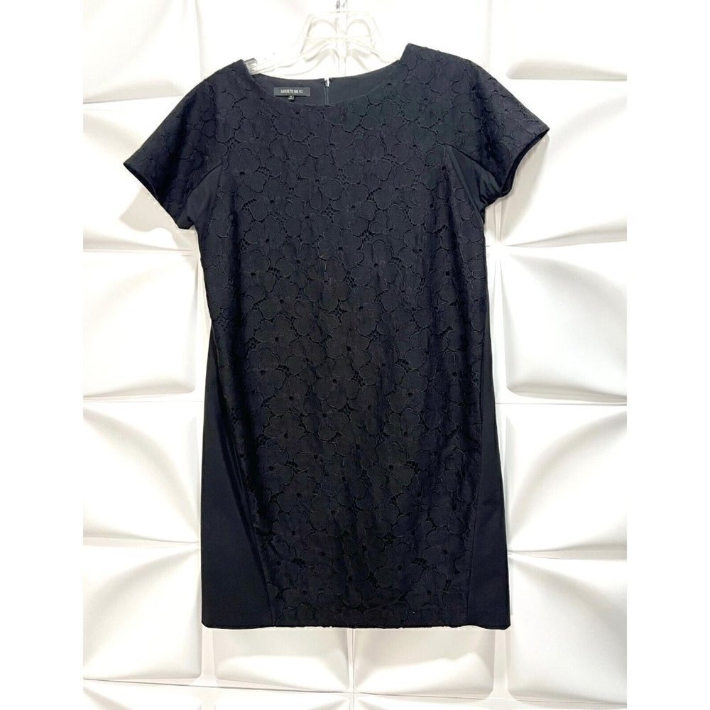 Lafayette 148 Sz P / XS Solid Black Embroidered Stretch Oversized Shift Dress